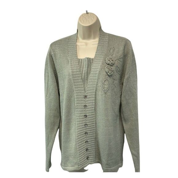Adrian Delafield Women Knit Sweater Medium Gray Beaded Crochet Embellished - Picture 1 of 9